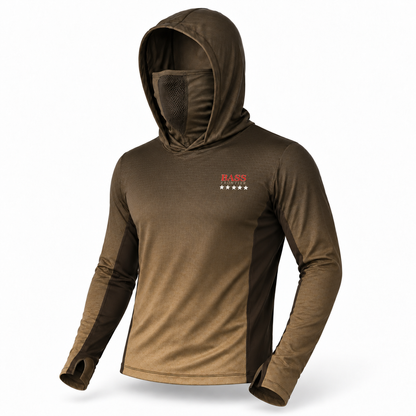 BassFrontier Brown Fishing Hoodie with ventilated face covering and thumbhole cuffs