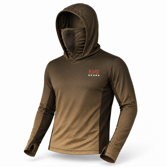 BassFrontier Brown Fishing Hoodie with ventilated face covering and thumbhole cuffs