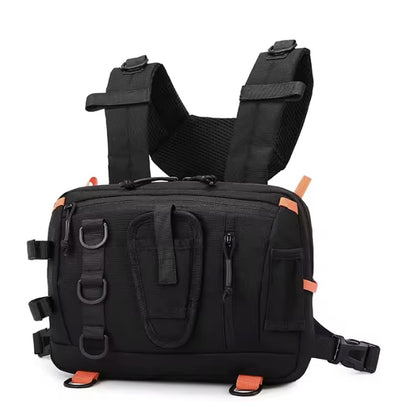BassFrontier Chest Rig in Black with orange accents, front view with harness