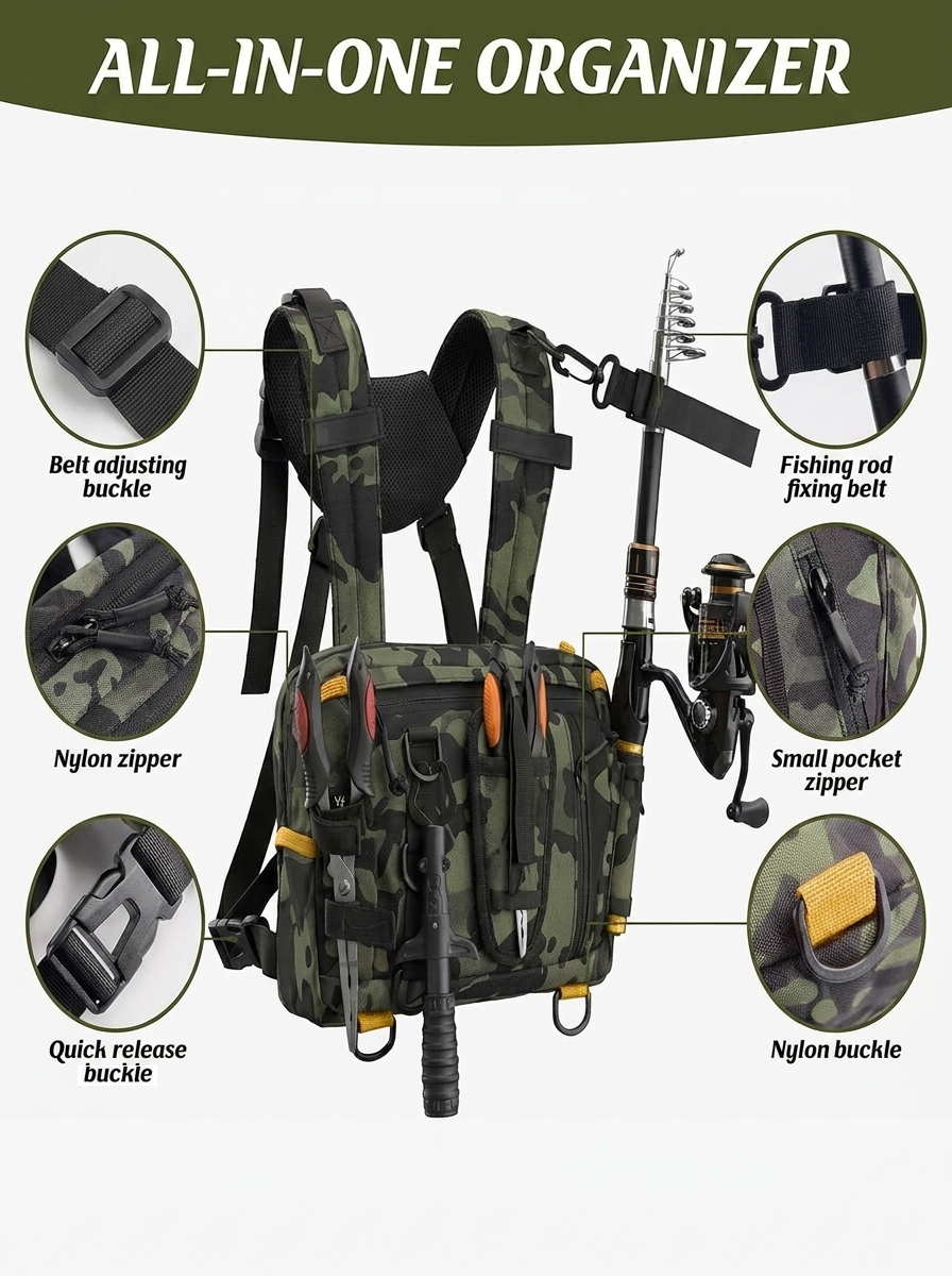 BassFrontier Chest Rig — all-in-one tackle organizer with rod holder