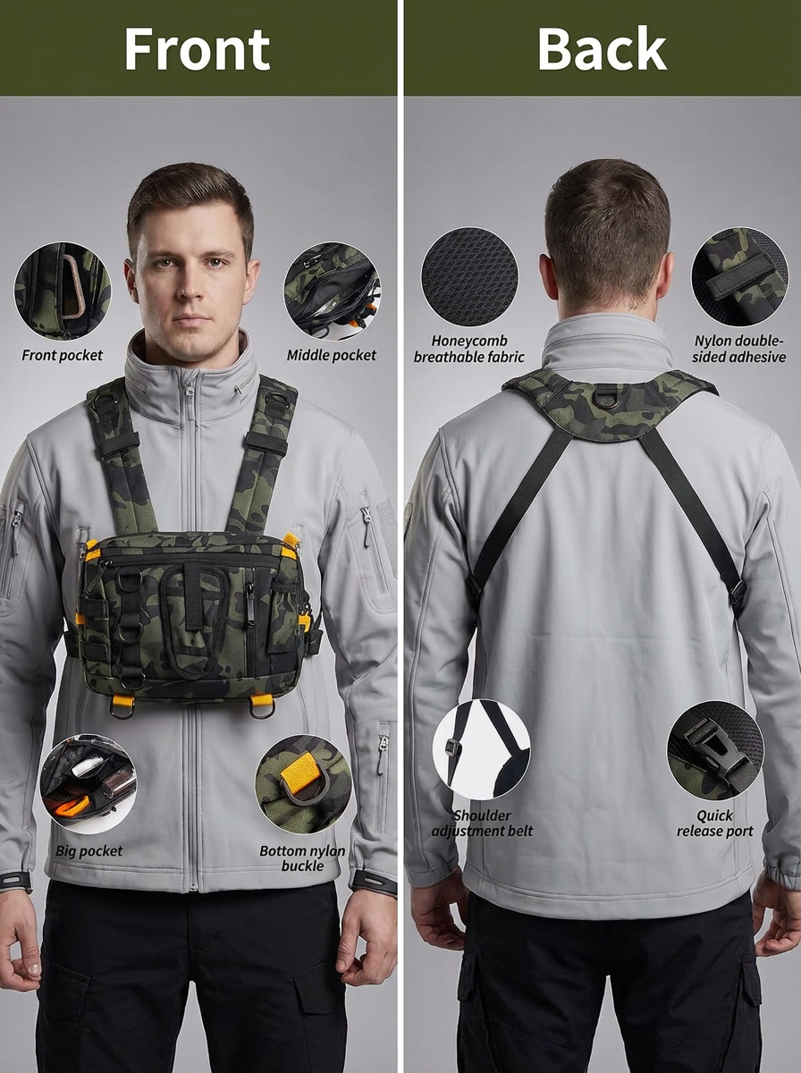 BassFrontier Chest Rig — front and back fit on angler, pockets diagram