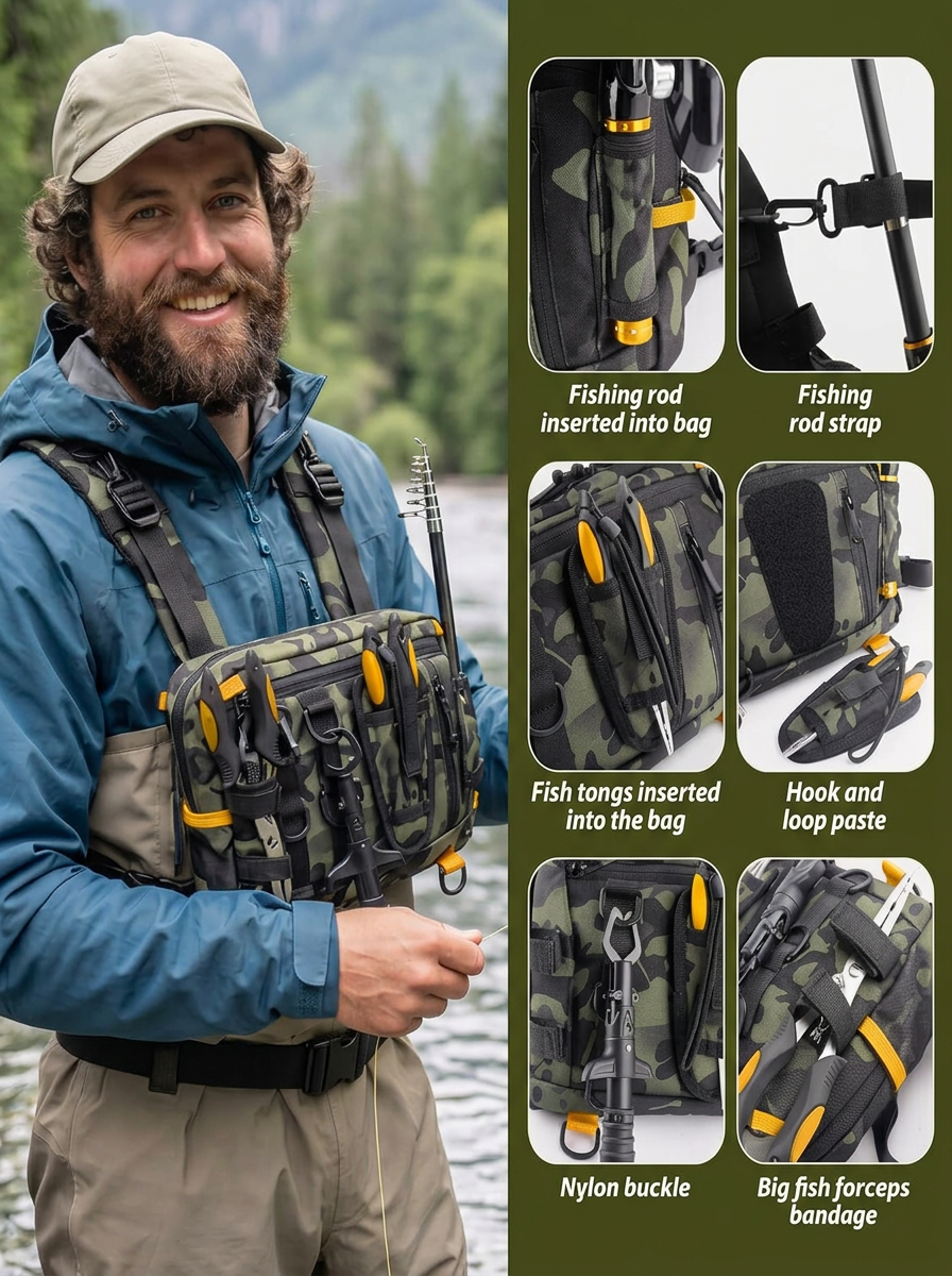 BassFrontier Chest Rig — rod holder, tool slots and storage details