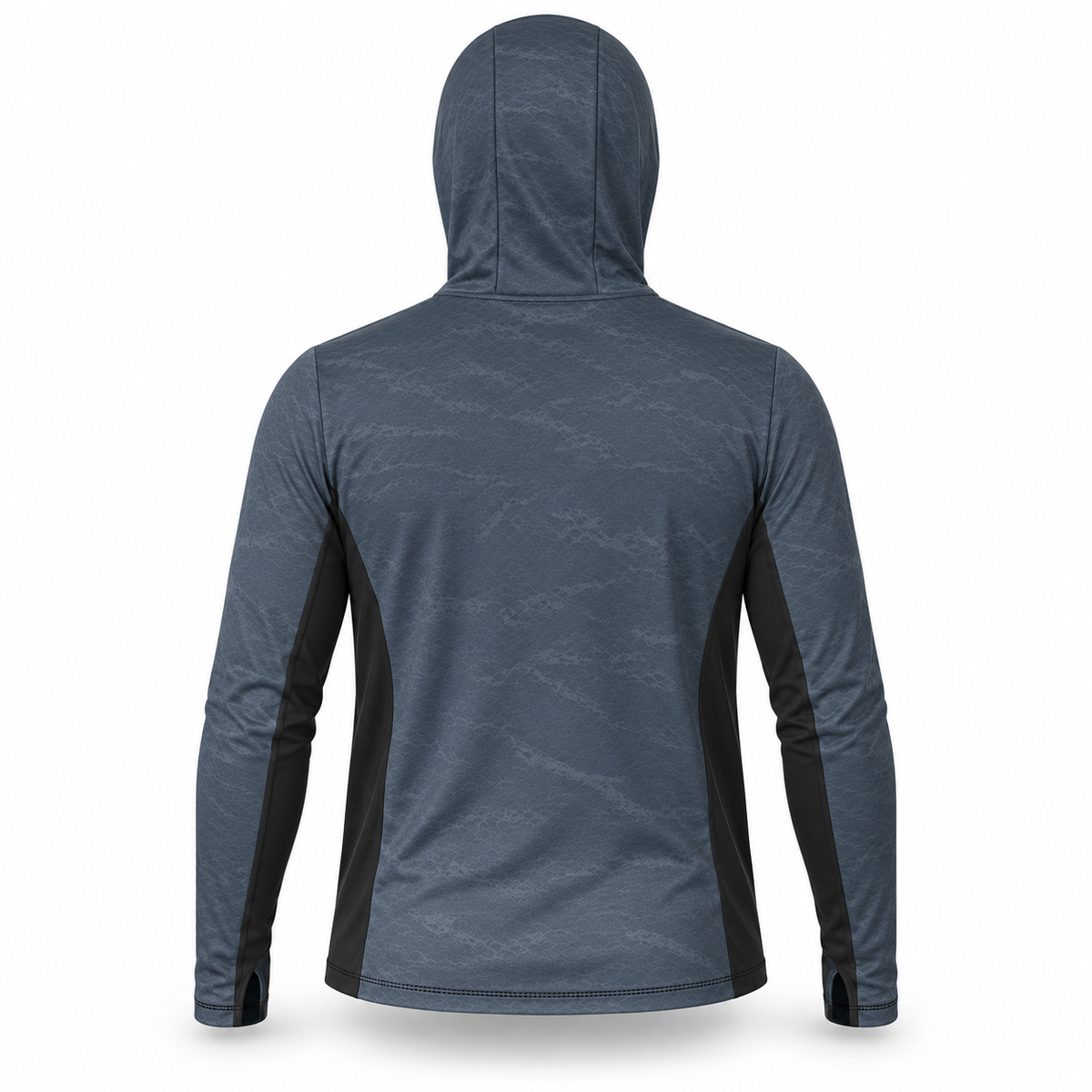 BassFrontier Slate Gray Fishing Hoodie: Rear view showing the hood, scale pattern and dark side panels