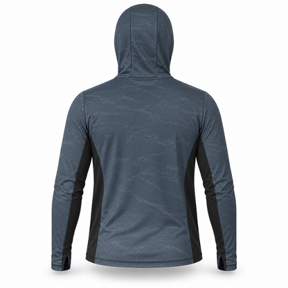 BassFrontier Slate Gray Fishing Hoodie: Rear view showing the hood, scale pattern and dark side panels