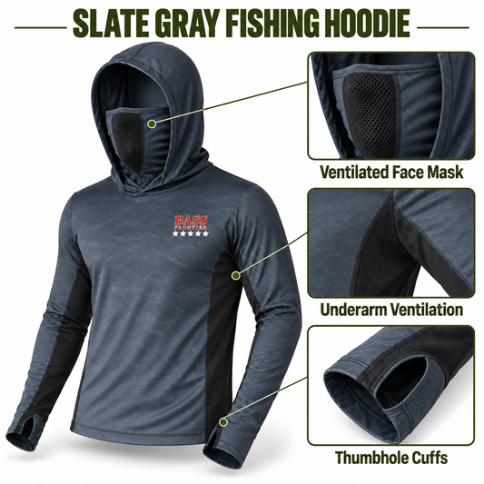 BassFrontier Slate Gray Fishing Hoodie — Ventilated face mask, underarm ventilation and thumbhole cuff details