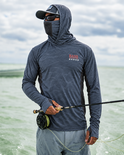 BassFrontier Slate Gray Fishing Hoodie: Second view of an angler wearing the fishing hoodie