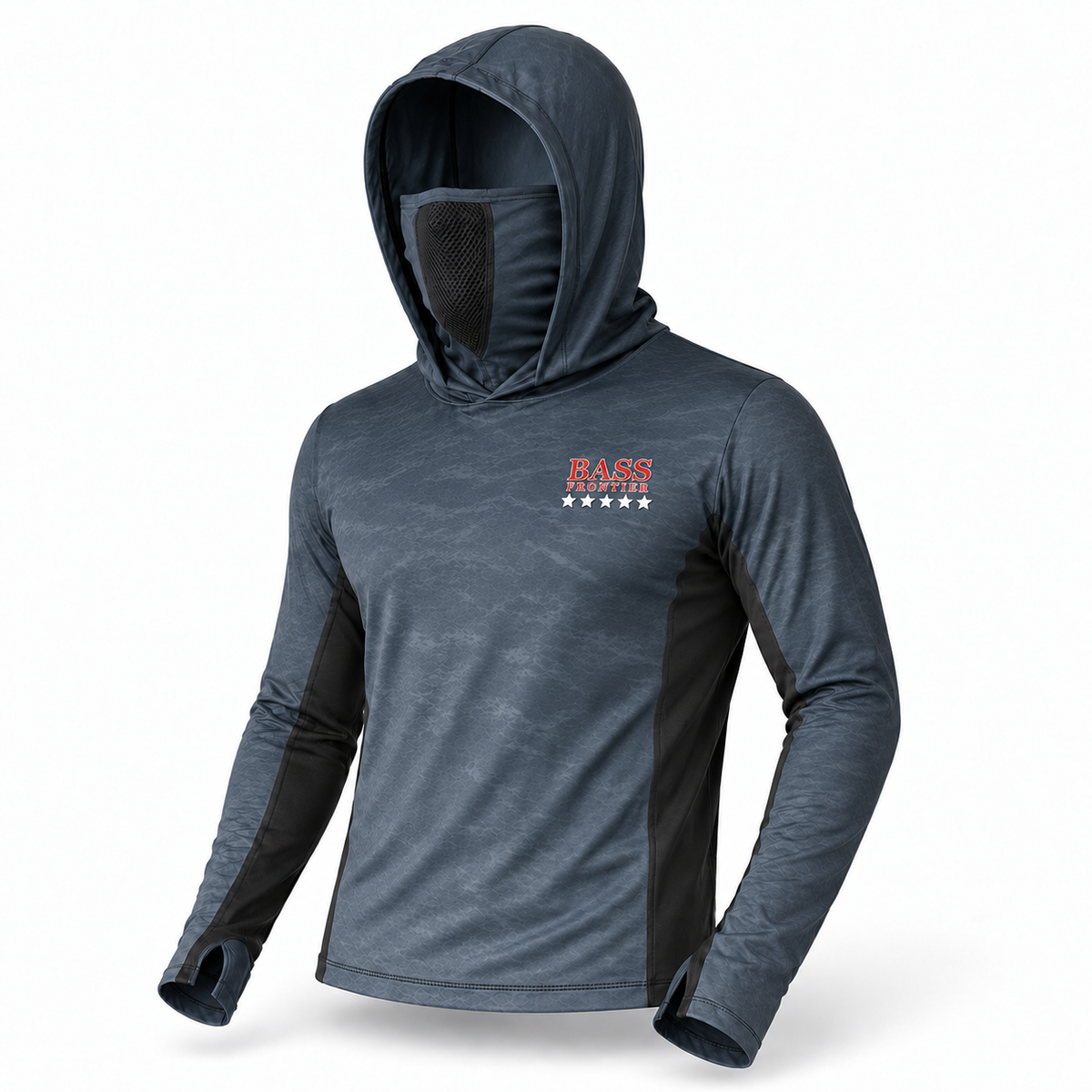 BassFrontier Slate Gray Fishing Hoodie with ventilated face covering and thumbhole cuffs