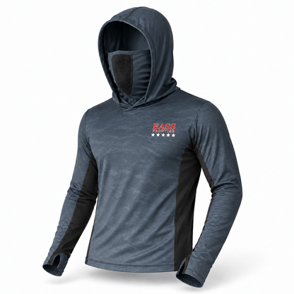BassFrontier Slate Gray Fishing Hoodie with ventilated face covering and thumbhole cuffs
