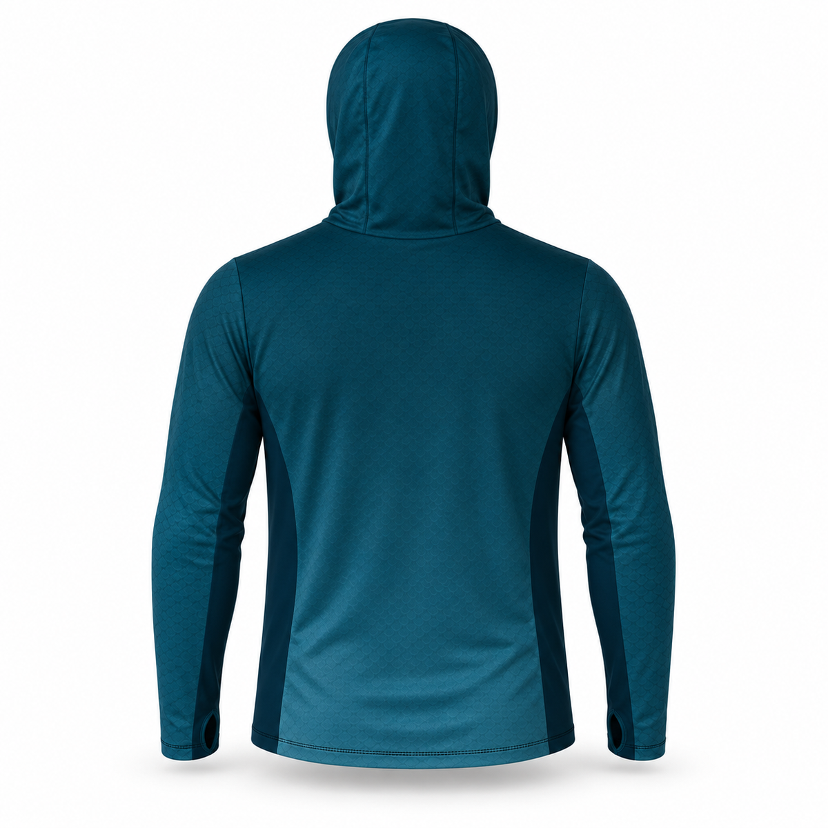 BassFrontier Teal Fishing Hoodie — Rear view showing the hood, scale pattern and dark side panels