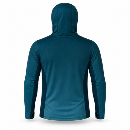BassFrontier Teal Fishing Hoodie — Rear view showing the hood, scale pattern and dark side panels