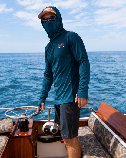BassFrontier Teal Fishing Hoodie — Second view of an angler wearing the fishing hoodie