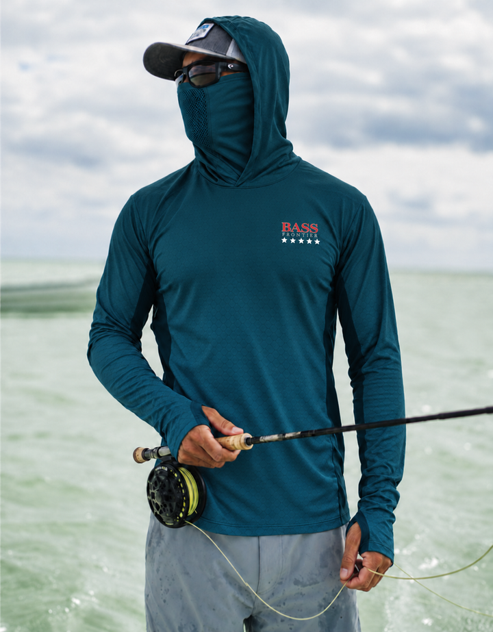 BassFrontier Teal Fishing Hoodie — Angler wearing the hoodie with face covering and thumbhole cuffs