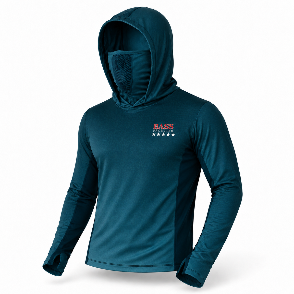 BassFrontier Teal Fishing Hoodie with ventilated face covering and thumbhole cuffs