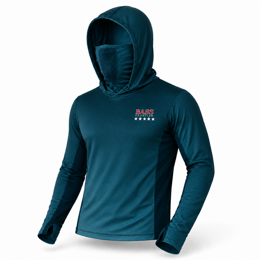 BassFrontier Teal Fishing Hoodie with ventilated face covering and thumbhole cuffs