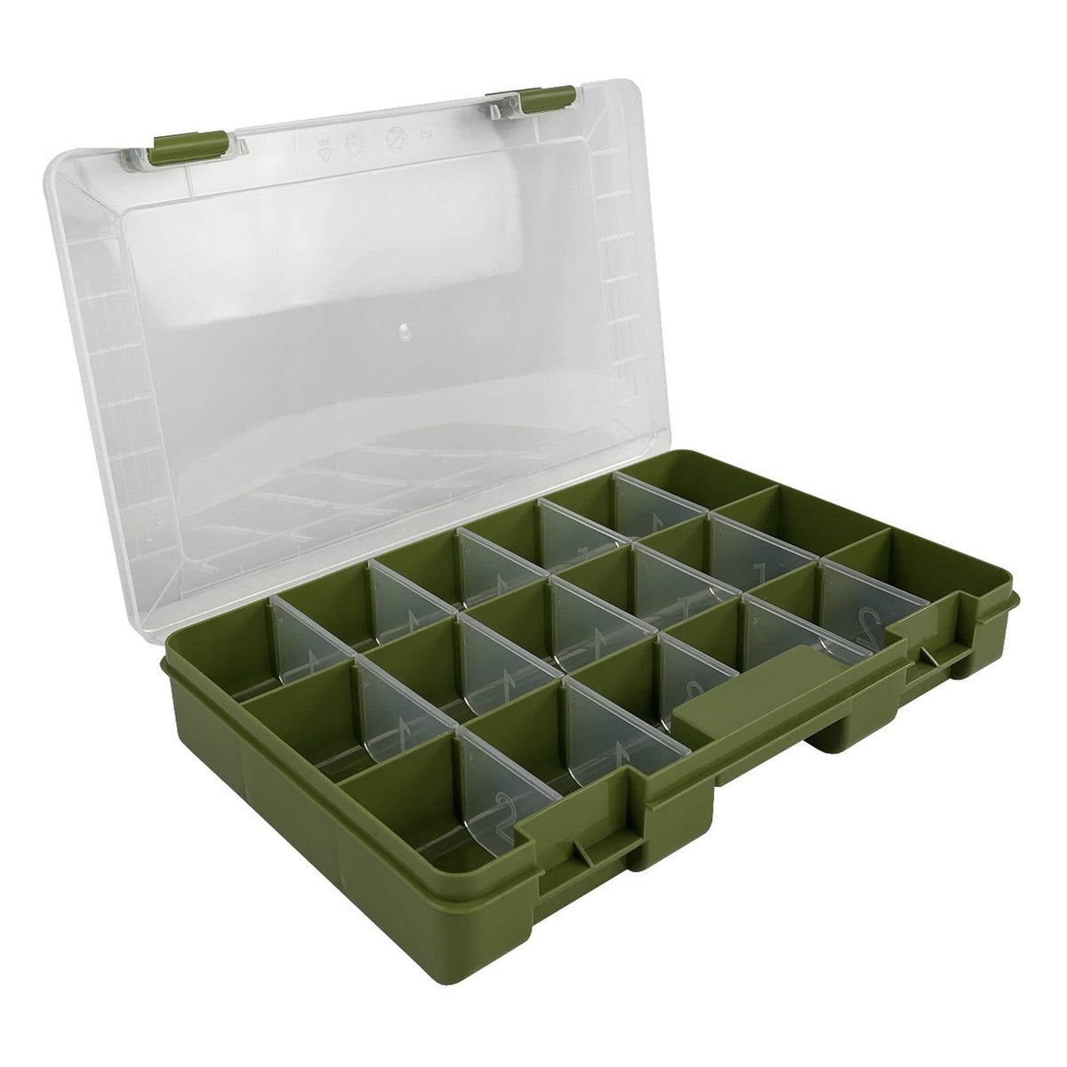 Fishing tool box open showing 18 adjustable compartments
