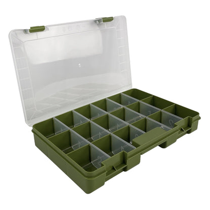 Fishing tool box open showing 18 adjustable compartments