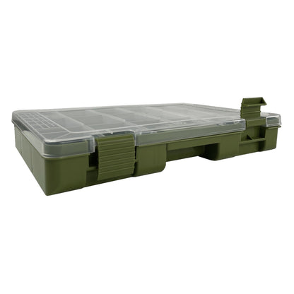 BassFrontier Fishing Tool Box closed, olive green with clear latching lid