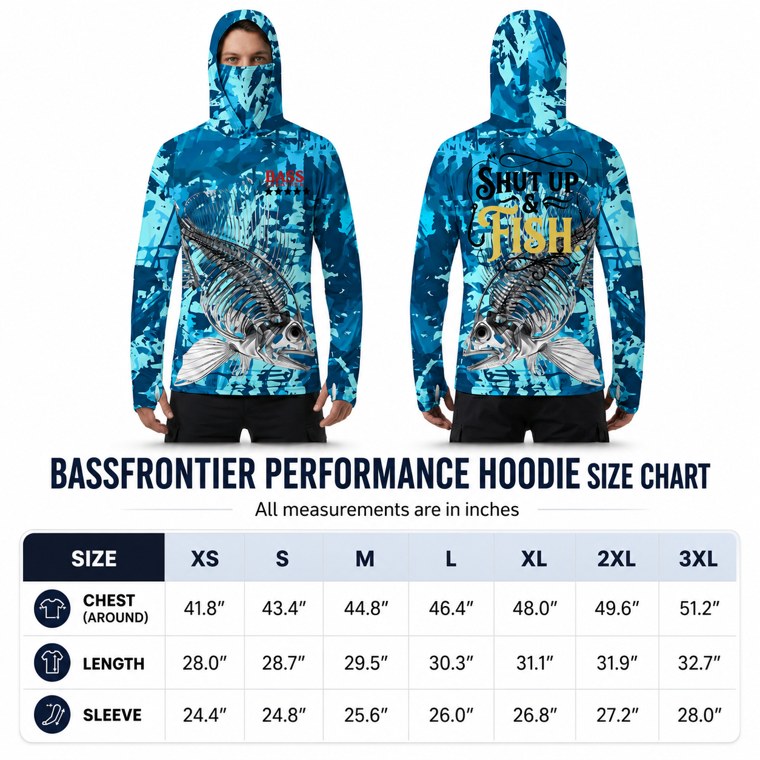 BassFrontier Performance Hoodie size chart - measurements in inches